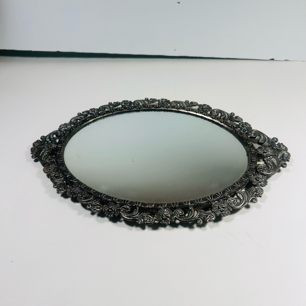 vintage rococo style Silver ornate metal frame oval Vanity Tray Mirror 12”x9”